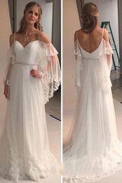 Elegant Boho Spaghetti Strap Tulle Long Sweep Train Lace Wedding Dress Crystal Sash Beach Country Off-shoulder Bohemian Bridal Gowns