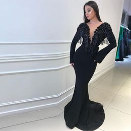 Stunning Black Mermaid Beading Evening Dresses Jewel Neck Poet Long Sleeve Backless Prom Gown Tassels Backless Evening Dress