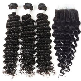 Cambodian Deep Wave Curly Virgin Human Hair Weaves 3 Bundles with Lace Closure Unprocessed Remy Hair Extensions Natural Colour Can Bleach Dye