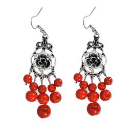 3 Style Retro Beaded Drop Dangle Earrings with Red Beads Owl Flower Shaped Hoop Earrings for Women