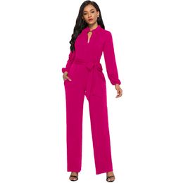 Women One Piece Jumpsuits Bandage Long Sleeve V-neck Wide Leg Pants Rompers Lady Sexy Jumpsuit Loose