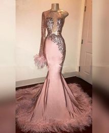 Blush Pink Prom Dress with Feathers Train One Shoulder Glitter Sequin Long Sleeve Mermaid African Formal Graduation Evening Dresses