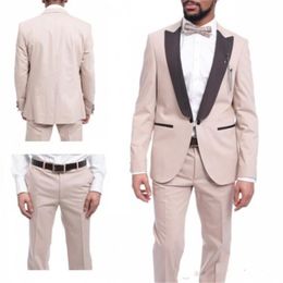 Fashion Beige Men Wedding Tuxedos Black Peak Lapel Groom Tuxedos Excellent Men Blazer 2 Piece Suit Prom/Dinner Jacket(Jacket+Pants+Tie) 2606