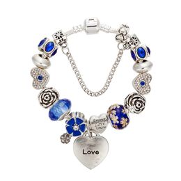 Wholesale-New Charm Bracelets Silver plated Bangle For Women heart Bracelet blue chamilia Beads flower charms Diy Jewelry as christmas gift
