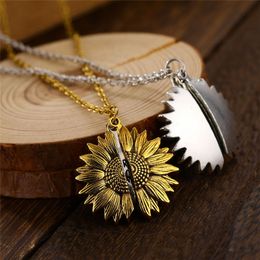 Vintage Sunflower Locket Pendant Necklace Women Bohemian Gold Silver Round Engrave Letter Necklace Friendship Jewellery Lover Gift