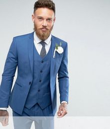 New High Quality One Button Blue Groom Tuxedos Notch Lapel Groomsmen Best Man Suits Mens Wedding Suits (Jacket+Pants+Vest+Tie) 838