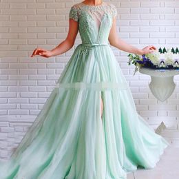 Mint Green Prom Dress crew Cap short Sleeves side slit Beaded with Pearls A-Line Tulle Sashes Backless Long Formal Evening Gown for Party