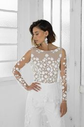 White Wedding Jumpsuit Beach Wedding Dresses Jewel Neck Long Sleeve Backless Ankle Length Wedding Gowns Custom Made Illusion Brida329c