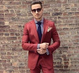 Rust Red Custom Made Groom Wear Mens Suit Two Pieces Wedding Tuxedos Slim Fit Groom Formal Suits Two Pieces (Jacket+Pants)