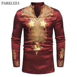 African Dashiki Print Dress Shirt Men 2018 Autumn New Stand Collar Shirt Mens Long Sleeve V Neck Shirts Male African Clothes 3XL