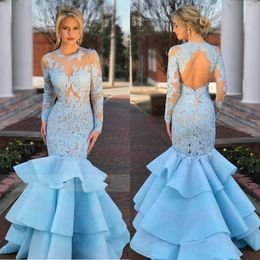 Long Sleeves Illusion Tulle Lace Applique Prom Dresses with Tiered Ruffles Backless Mermaid Party Cocktail Dress