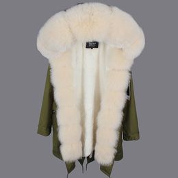 Lavish beige raccoon fur trim MAOMAOKONG Brand beige fox and rabbit fur lining army green long parkas snow fur canvas jacket women parkas