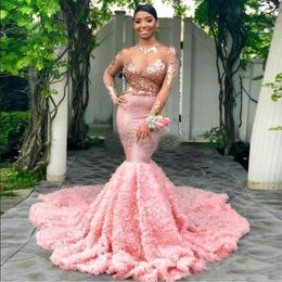 2K19 Pink Mermaid Prom Dresses Sheer Top With Appliques Evening Gowns Illusion Long Sleeves Tulle Ruched Sweep Train Formal Party Dress