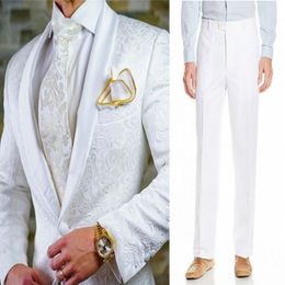 New Style White Pattern Groomsmen Shawl Lapel Groom Tuxedos Men Suits Wedding Best Man Blazer 2 Pieces ( Jacket+Pants+Bow Tie ) L613