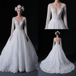 a line wedding dress v neck long sleeves lace appliqued sweep train bridal dress sexy backless custom made robes de marie