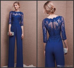 blue chiffon jumpsuits Canada - New Royal Blue Plus Size Mother Of Bride Pant Suit 3 4 Lace Sleeve Mother Jumpsuit Chiffon Cocktail Party Evening Dresses Custom Made 481