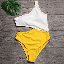 Sexy White Yellow High Waist Cut Out Trikini Ribbed Bathing Suit Monokini Asymmetric Shoulder Swimwear Women One Piece Swimsuit C18122801