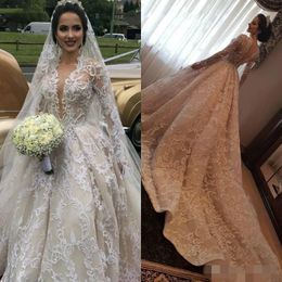 Ball Long Gown Sleeves Dresses Plunging V Neck Lace Applique Crystal Newest Chapel Train Wedding Bridal Gowns Vestido De Novia S Estido