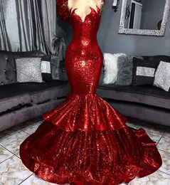 Red Sexy Bling Prom Dresses 2019 Luxury Fashion Sequins Jewel Sheer Neck Formal Evening Dresses Ruffles Tiered Floor Length Homecoming Gowns