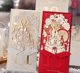 free shipping Unique 3D Laser Castle Wedding Invitations Cards laser cut 2016 Cheap Personalised wedding Invitation Card Designs