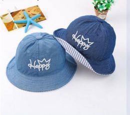 Summer HAPPY Embroidery Corduroy Hat Cotton Baby Hat Cap Kid Caps Sun Bucket Hats Double Sided Can Wear Bonnet Enfant GB502