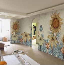 Abstract sunflower wallpapers Hand painted individual art mural 3D living room TV background wallpaper seamless