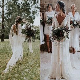 Boho Bohemia Full Lace Wedding Dresses Backless Long Sleeves Custom Made Bridal Gowns Vestido De Novia264T