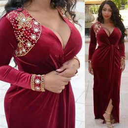 African Red Velvet Prom Dresses Plus Size Crystal Beaded Evening Dress Long Sleeves Ruched Party Reception Gowns