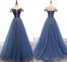 Teal Off Shoulder prom dresses 2020 Beaded Lace-up Celebrity Evening Dresses Formal Long ogstuff robes de soirée Special Occasion Women