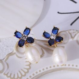 Fashion- stud earring with blue crystal and nature shell design charm Earring flower size 1.6cm new style women brass material Jewellery gi