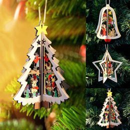 3D Christmas Wooden Pendant Christmas Tree Ornament DIY Santa Xmas Tree Decor for Home Party New Year Wood Pendant