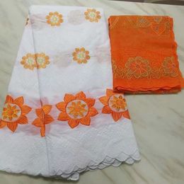 5Yards Hot sale white african cotton fabric with nice pattern embroidery and 2yards orange blouse net lace set for dress BC74-6