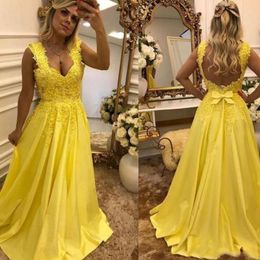 Attractive Yellow Prom Dresses Long Formal Dress Beaded Lace Appliques Sleeveless Backless Floor Length A-line Evening Party Gowns