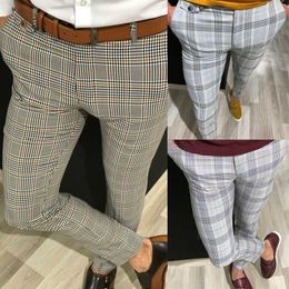 Mens casual plaid pants Fashion Trend Hommes Skinny Business Casual Slim Fit Formal Party Pants Slacks Plaid Long