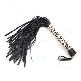 Bondage Faux Leather Leopard Handle Black Tassel Whip Floggar 40CM Cosplay Set 876E