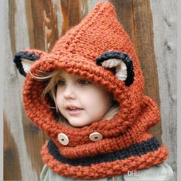 New Autumn Winter Baby Kids Cartoon Fox Hat Scarf Wraps One-piece Knitted Cap Beanies Handmade Crochet Neckerchief Children Hats M98
