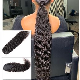 100% human Drawstring Ponytail Extension 20in Long Curly Ponytail Extension with 2 Plastic Combs Hairpiece (1B#)