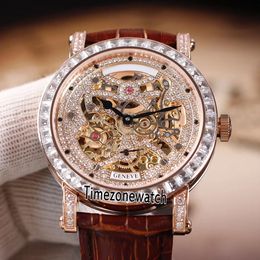 New Men's Collection Round Rose Gold Case 7042 B S6 SQT D MVT D Skeleton Tourbillon Diamond Dial Automatic Mens Watch Diamond Bezel Lather