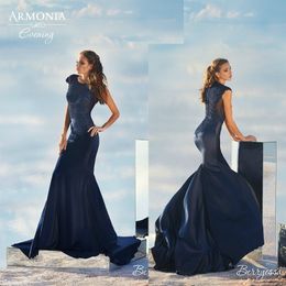 Navy Blue Tmarmonia Customised Mermaid Evening Dress Jewel Short Sleeve Formal Dress Lace Sequins Party Bridesmaid Gown