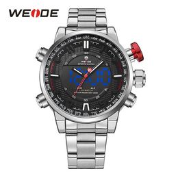 WEIDE MenS Sports Model Multiple Functions Business Auto Date Week Analogue LED Display Alarm Stop Watch Steel Strap Wrist Watch293F