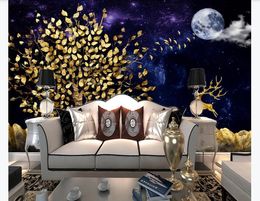 Custom 3D Photo Wallpaper Mural Living Room Children Room Bedroom Gold leaf Big tree elk Starry sky scenery Background Home Decor