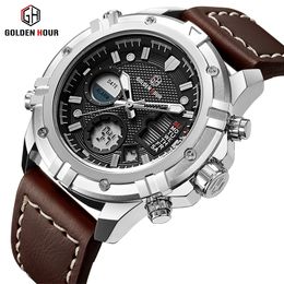 Goldenhour Brand Men's Analogue Digital Watch Waterproof Leather Fashion Sport Military Quartz Watches Date Male Relogio Clock Y19052103