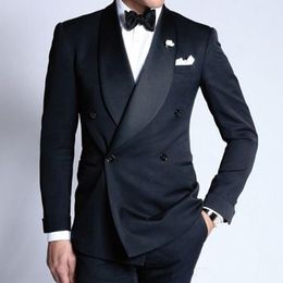 Fashion Black Men Wedding Tuxedos Double-Breasted Groom Tuxedos Excellent Men Blazer 2 Piece Suit Prom/Dinner Jacket(Jacket+Pants+Tie) 2607