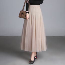 Wholesale-Women Pleated Skirt Elastic High Waist Maxi Tulle Skirt Saia Longa Plus Size Elegant Long Tutu Skirts Womens Jupe Femme C4127