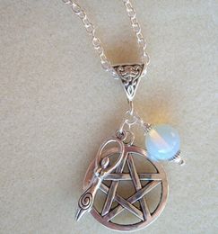 Hot Fashion Vintage Silver Pentagram Earth Goddess Moonstone Charms Pendants Necklace Pagan Witch Spiritual protection DIY Jewellery - 40