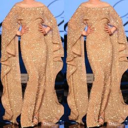 Stunning Rose Gold Sequined Mermaid Prom Dresses Off Shoulder Long Wrap Ruffle Floor Length Plus Size Formal Evening Wear Party Gowns 0424