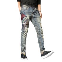 Men's Vintage Stretch Ripped Jeans Fashion Blue Embroidered Indian Holes Denim Pants Autumn and Winter High Quality Retro Jeans