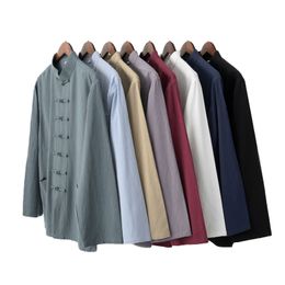 Tootless-Men Solid Plus Size Martial Arts Cotton Linen Casual Shirts