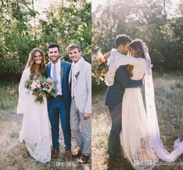 Günstige Strandhochzeitskleider in Übergröße, schickes Boho, lange Glockenärmel, Spitzenapplikation, böhmische Brautkleider, Hochzeitskleid, Vestidos de Novia