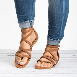 Hot Sale-Women Gladiator Flat Sandals Summer Cover Heel Rome Sandals Female Solid Zipper Women 2019